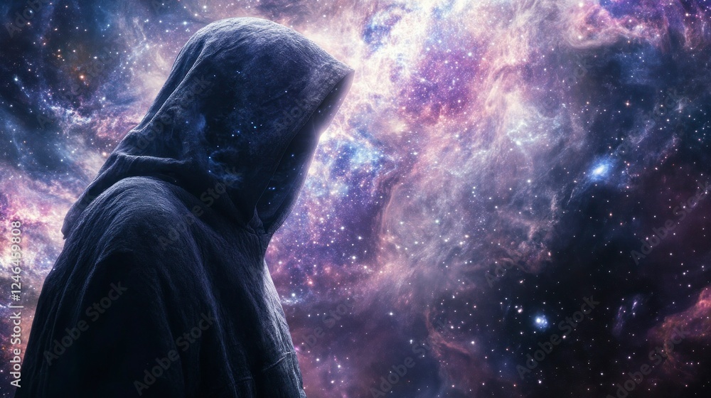Hooded seer gazing into cosmic void space digital art nebula environment side view mystical concept Hooded seer gazing into cosmic void space digital art nebula environment side view mystical concept