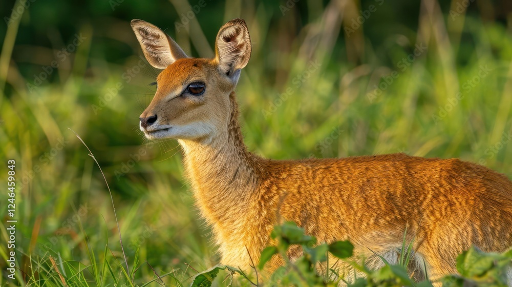 Young antelope standing gracefully in lush green grass, surrounded by a vibrant natural backdrop Young antelope standing gracefully in lush green grass, surrounded by a vibrant natural backdrop