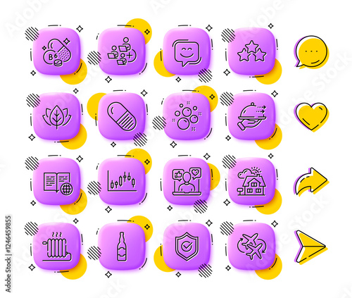 Radiator, Vitamin b6 and Add team line icons. App 3d buttons. Social media comment, share, like icons. Pack of Beer bottle, Smile face, Organic tested icon. Vector