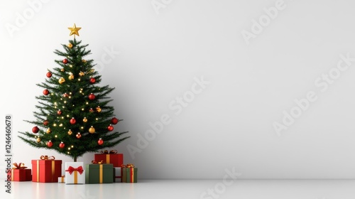 [Festive Gatherings Atmosphere Reunion Gifts] Minimalist Christmas Tree Scene with Red Presents and Stocking