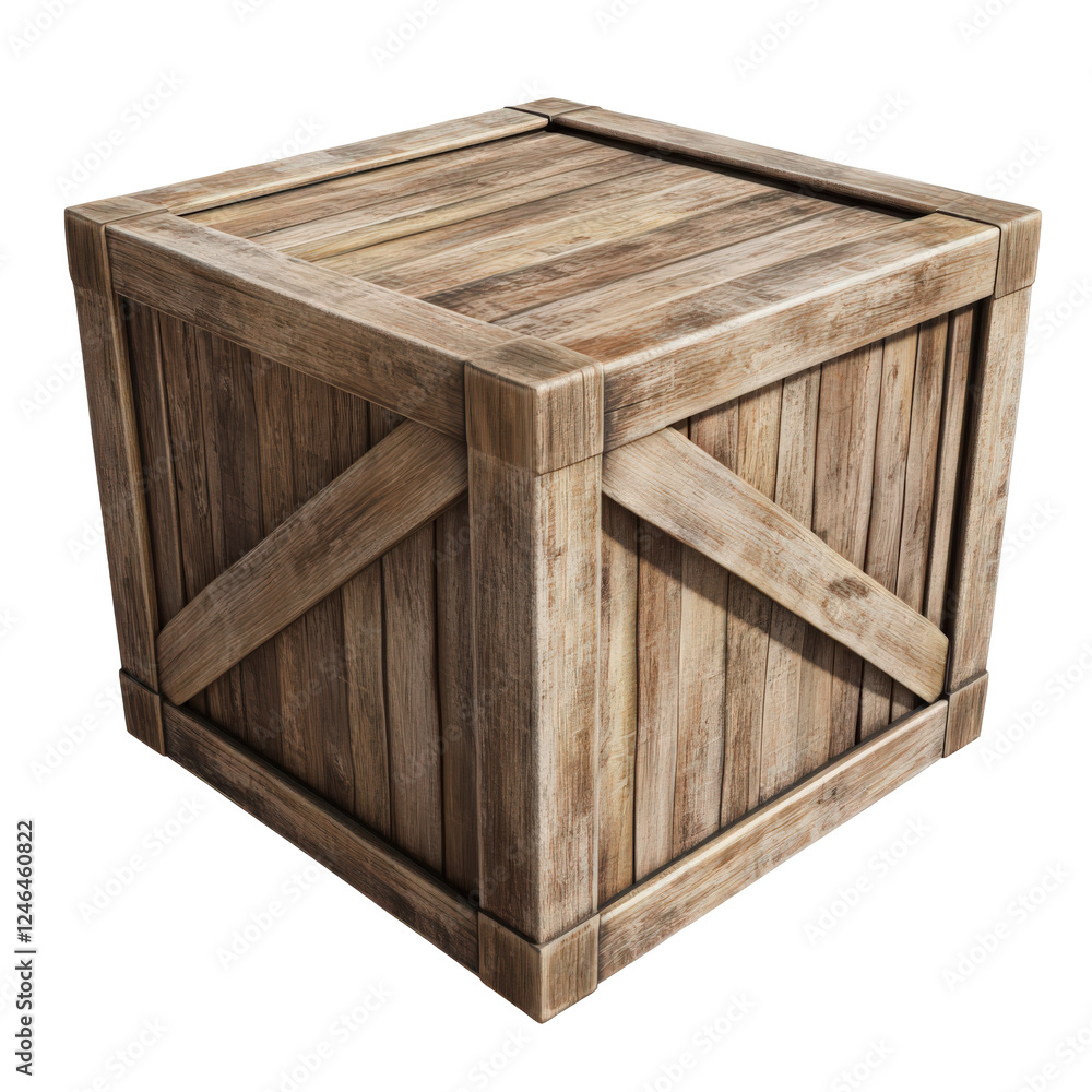 A brown, empty wooden crate, isolated on white, is an open storage container A brown, empty wooden crate, isolated on white, is an open storage container