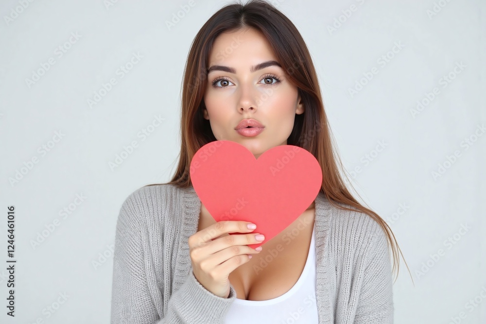 young woman blowing kiss holding red heart shaped paper young woman blowing kiss holding red heart shaped paper