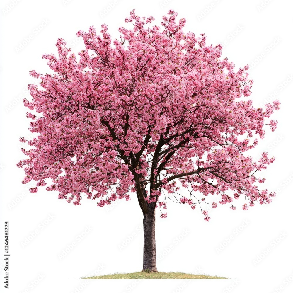 A stunning cherry blossom tree with vibrant pink flowers, isolated on a white background, evoking a sense of spring.