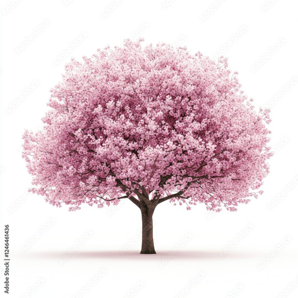 A stunning pink tree in full bloom with soft pink blossoms, isolated on a clean white background A stunning pink tree in full bloom with soft pink blossoms, isolated on a clean white background