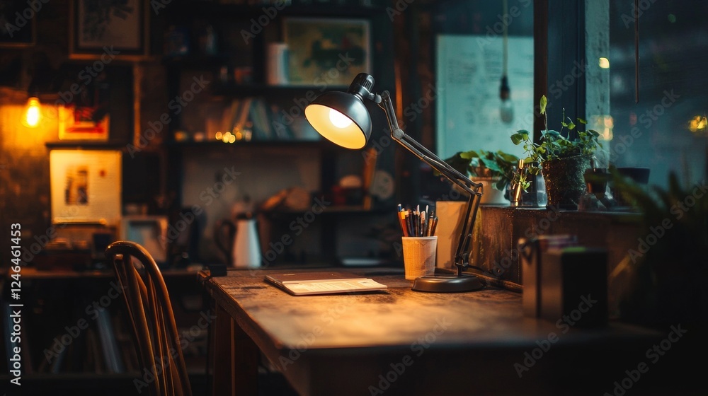 Naklejka premium Cozy home office setup with books and warm lighting