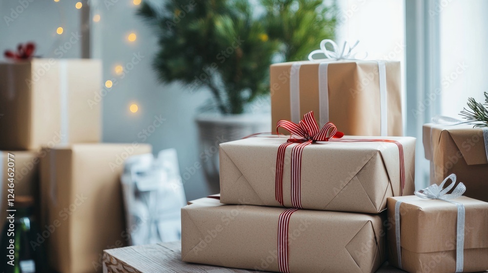 Stack of gift boxes with ribbons in a festive home setting Stack of gift boxes with ribbons in a festive home setting