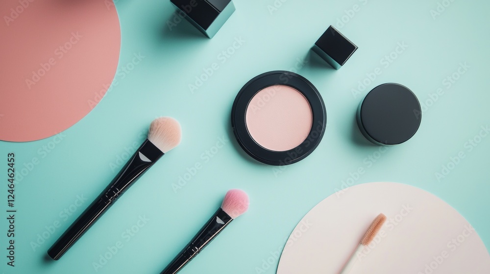 Flat-lay of beauty products and makeup brushes on a pastel backdrop Flat-lay of beauty products and makeup brushes on a pastel backdrop
