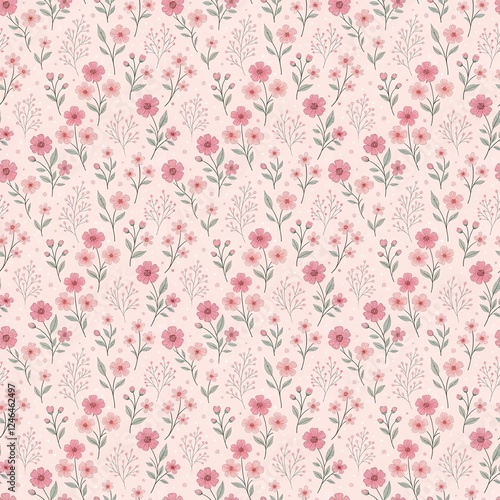 Soft pink floral seamless repeating pattern with leaves