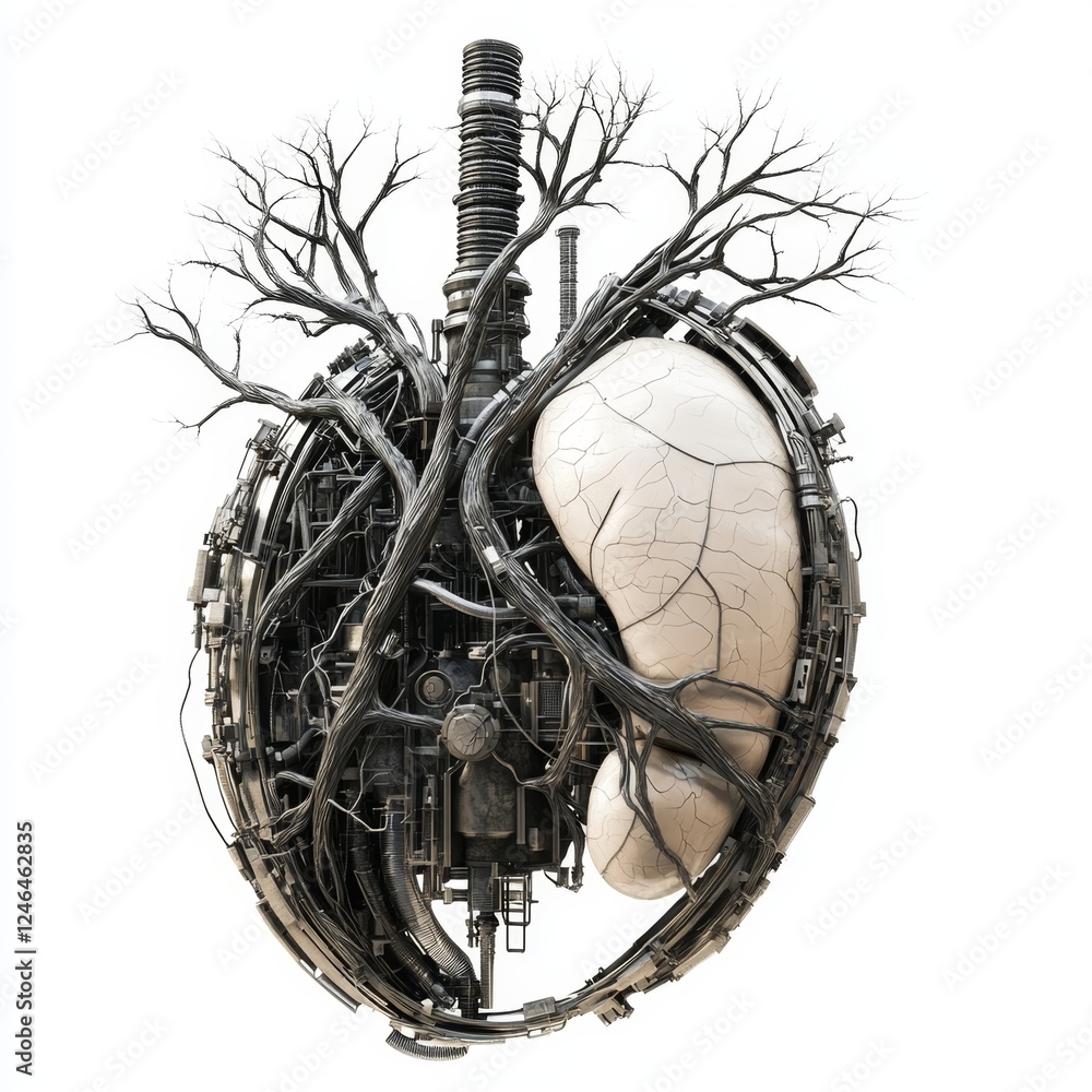Industrialized organ, dystopian environment, environmental damage, pollution, concept art Industrialized organ, dystopian environment, environmental damage, pollution, concept art