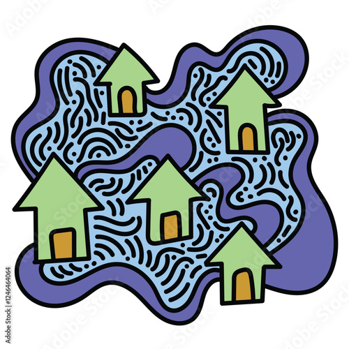 Colorful connecting houses with irrigation. Simple illustration. Hand drawn doodle for sticker, postcard, wallpaper, mural, fabric, prints, etc