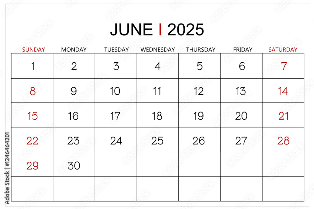 Calendar June 2025 page isolated on white background. Calendar June 2025 page isolated on white background.