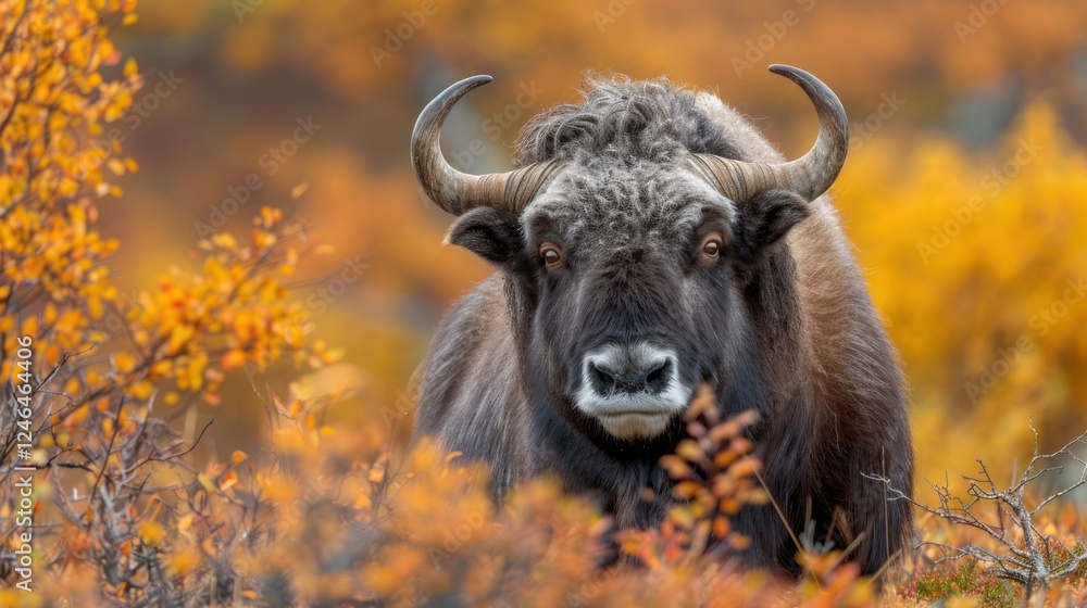 Majestic muskox gazing through vibrant autumn foliage in a serene natural landscape Majestic muskox gazing through vibrant autumn foliage in a serene natural landscape