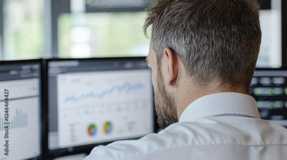 Obraz premium Analyzing e commerce data, man focuses on analytics charts and graphs