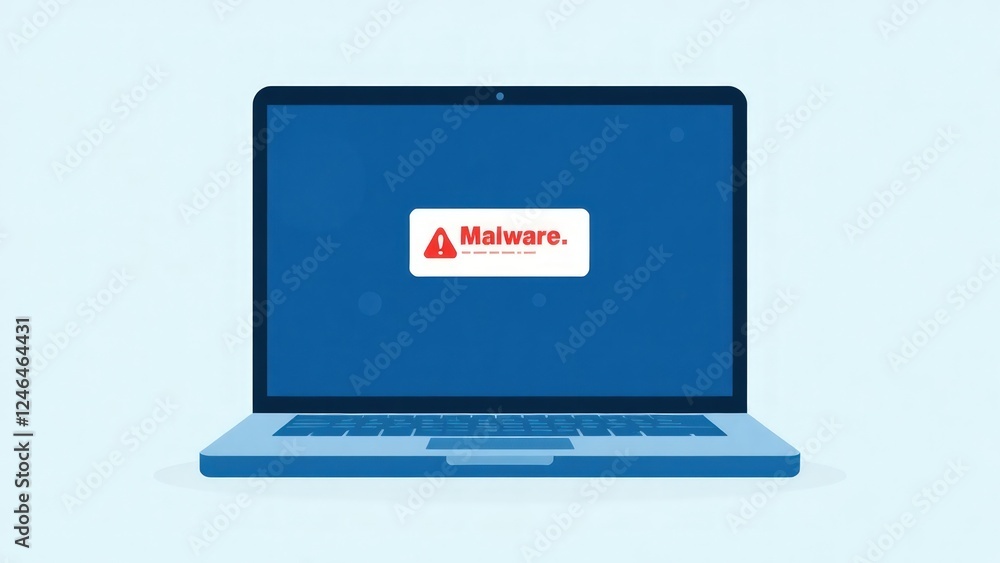 Malware detected on laptop. System security warning alert. Cybercrime, vulnerability, hack, or antivirus concept. Computer virus, ransomware, or bug. Flat cartoon icon vector. Technology illustration. Malware detected on laptop. System security warning alert. Cybercrime, vulnerability, hack, or antivirus concept. Computer virus, ransomware, or bug. Flat cartoon icon vector. Technology illustration.