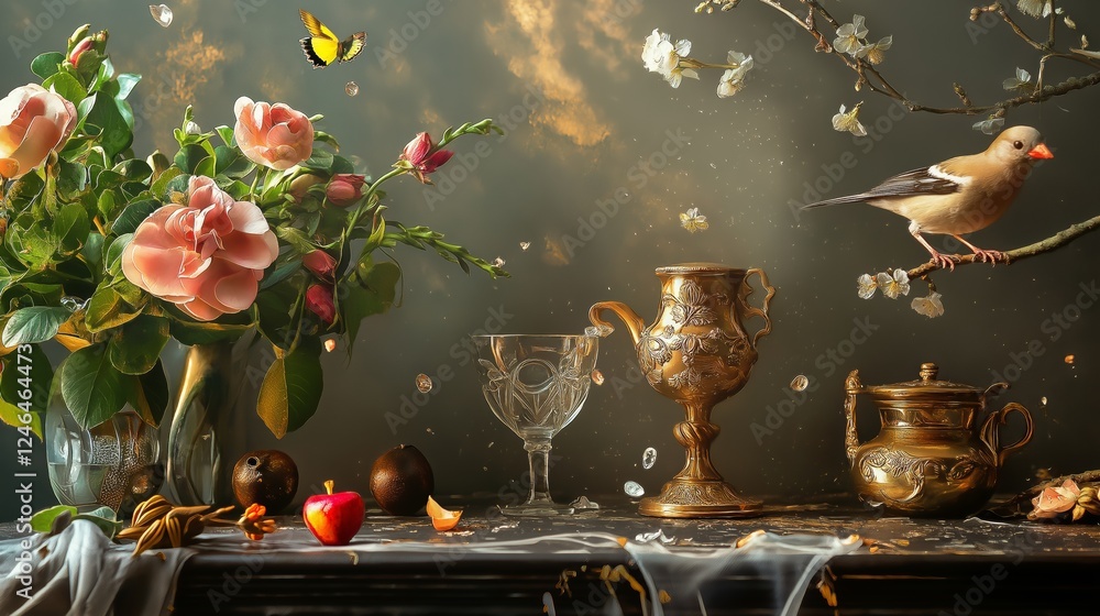 Fototapeta premium Vintage still life with flowers, books, and decor