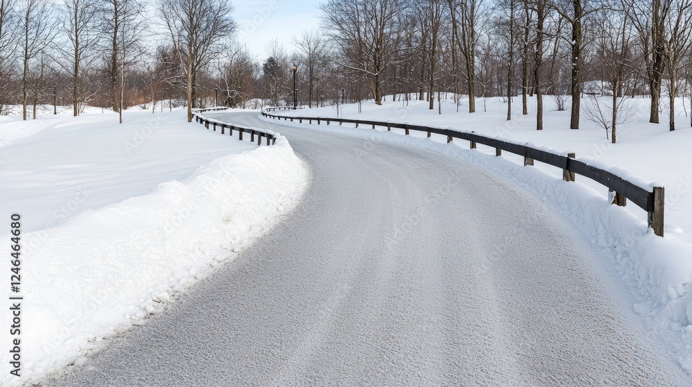 Winding snow-covered road in winter park Winding snow-covered road in winter park