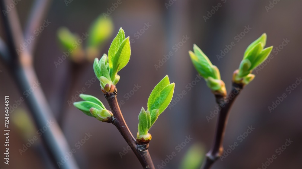 Vibrant green spring buds on tree branches signaling new growth Vibrant green spring buds on tree branches signaling new growth