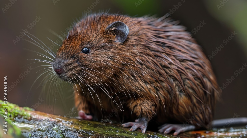 Close-up of a wet, brown rodent perched on a mossy log in a lush forest environment Close-up of a wet, brown rodent perched on a mossy log in a lush forest environment