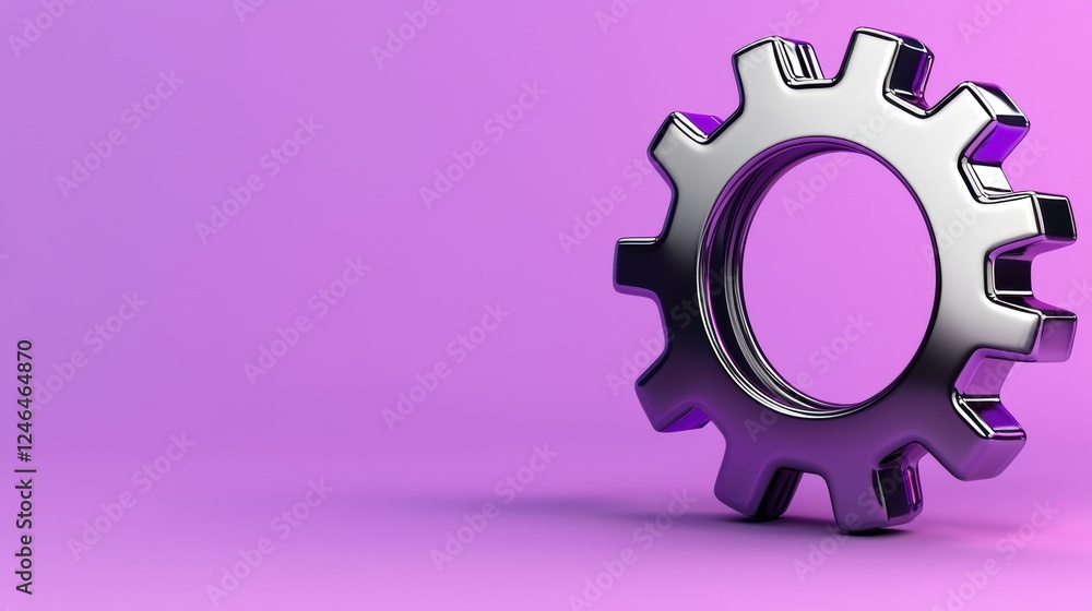 A shiny metallic gear with a purple outline on a purple background. A shiny metallic gear with a purple outline on a purple background.