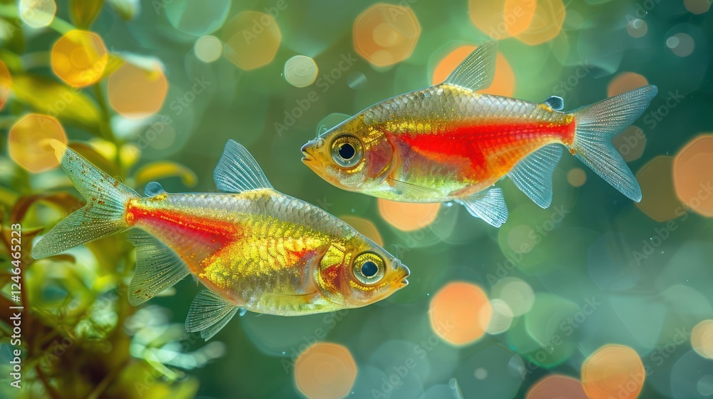 Fototapeta premium Two vibrant goldfish swimming gracefully in a lush underwater environment with bubbles