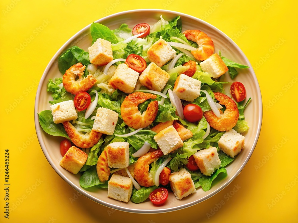 Shrimp Caesar salad, yellow background, a top-down view. Shrimp Caesar salad, yellow background, a top-down view.