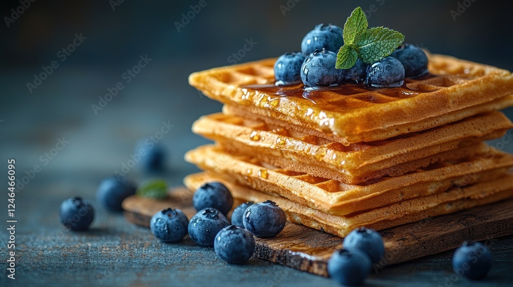 Waffles, blueberries, syrup, breakfast, rustic table, food photography, menu Waffles, blueberries, syrup, breakfast, rustic table, food photography, menu