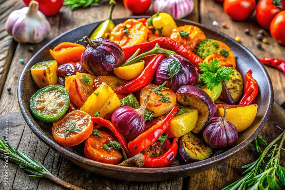 Roasted vegetables, a delicious autumnal feast, gourmet food photography. Roasted vegetables, a delicious autumnal feast, gourmet food photography.