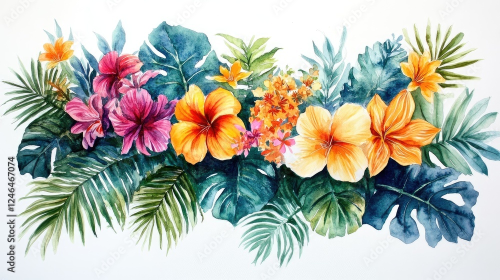 A watercolor painting of vivid flowers and lush greenery, set against a clean white backdrop A watercolor painting of vivid flowers and lush greenery, set against a clean white backdrop