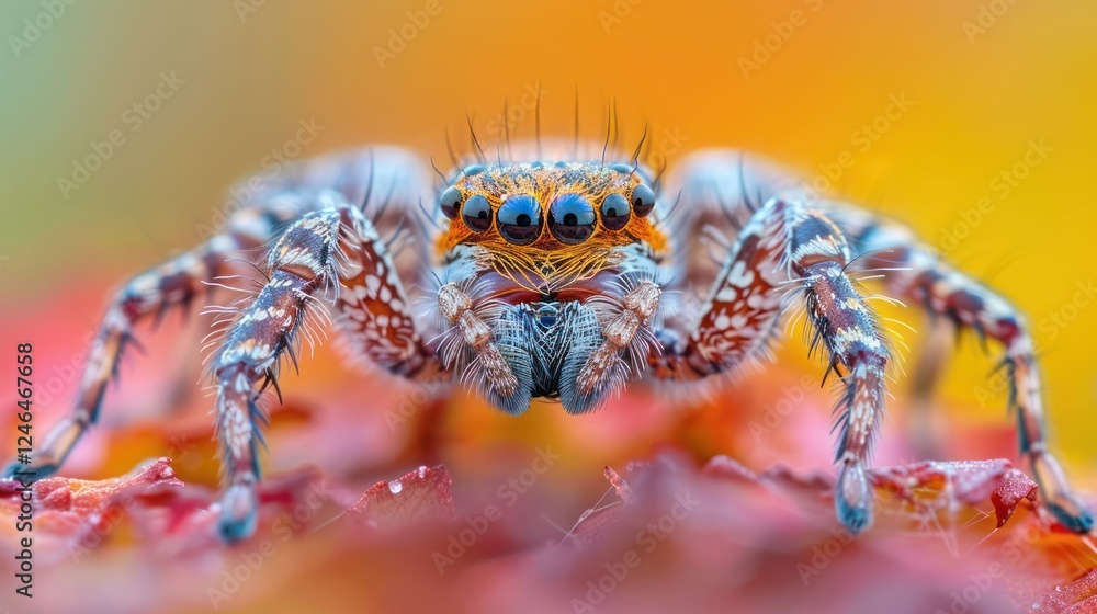 Close-up of a vibrant spider perched on colorful leaves with a blurred background Close-up of a vibrant spider perched on colorful leaves with a blurred background