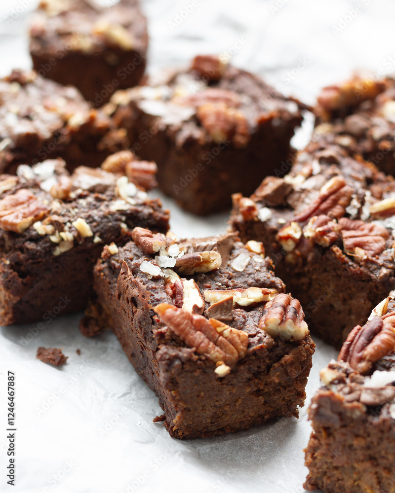 Vegan brownie with pecans, chocolate and peanut butter Vegan brownie with pecans, chocolate and peanut butter