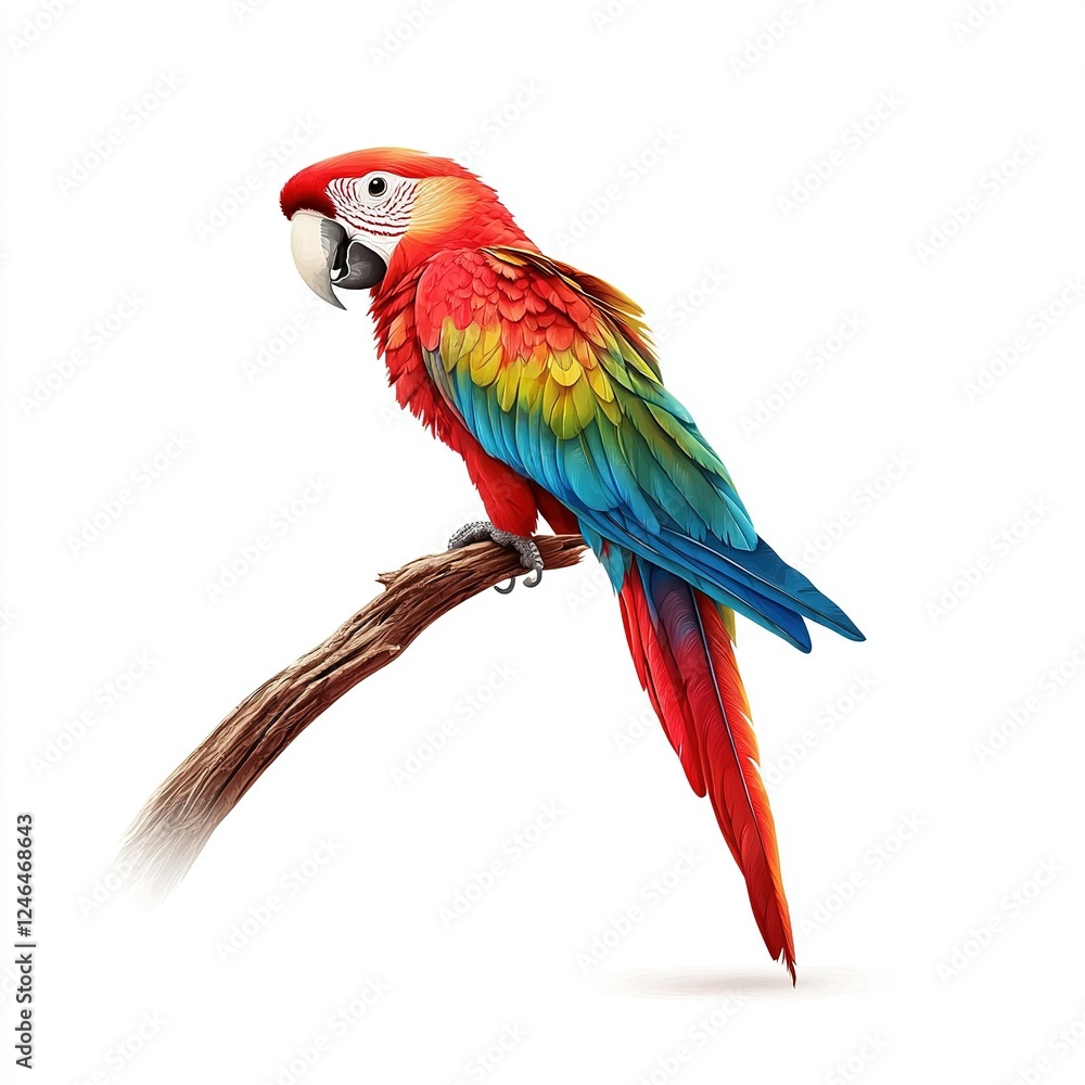 Fototapeta premium Vibrant parrot perched, exotic bird illustration, tropical colors, white background, eye-catching design element, lively and colorful representation
