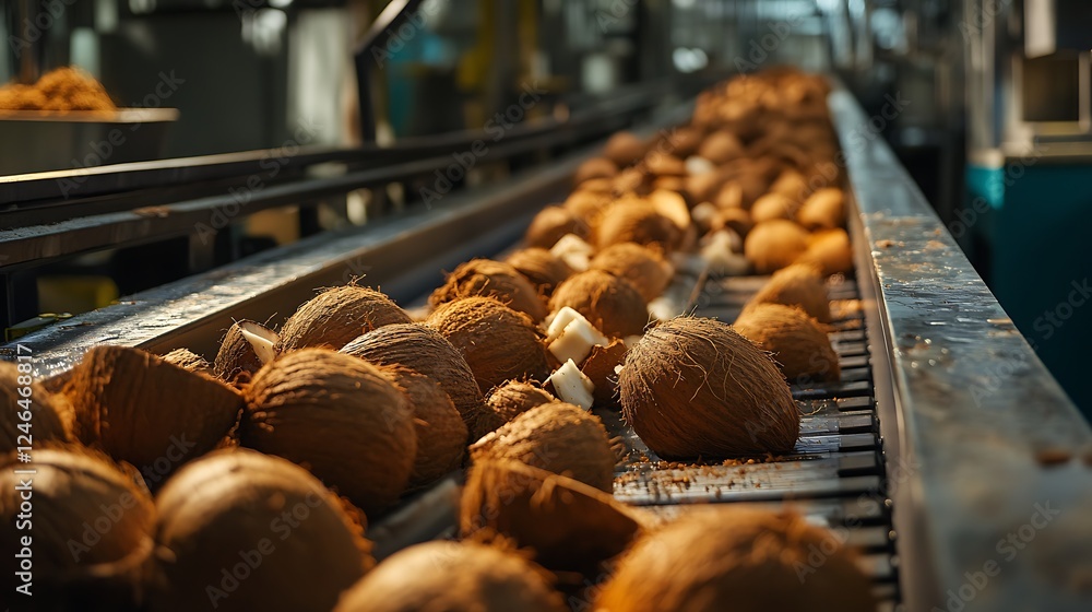 Coconut move along a conveyor belt in food processing plant industry Coconut move along a conveyor belt in food processing plant industry