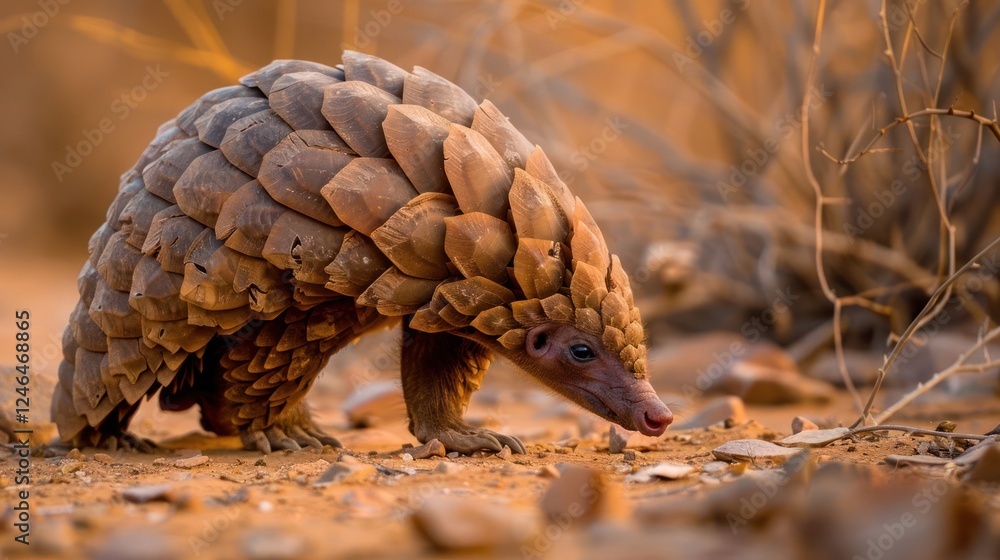 A pangolin foraging on sandy ground at sunset, surrounded by sparse vegetation and warm hues A pangolin foraging on sandy ground at sunset, surrounded by sparse vegetation and warm hues