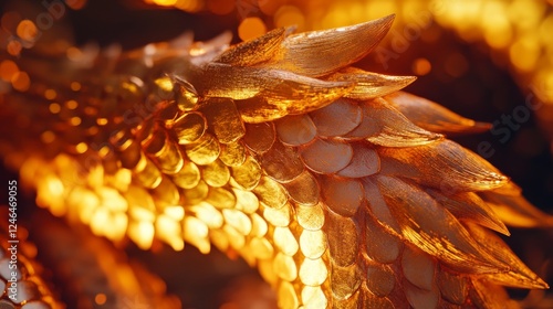 Close-up of a glowing golden Chinese dragon's scales in dramatic lighting. photo