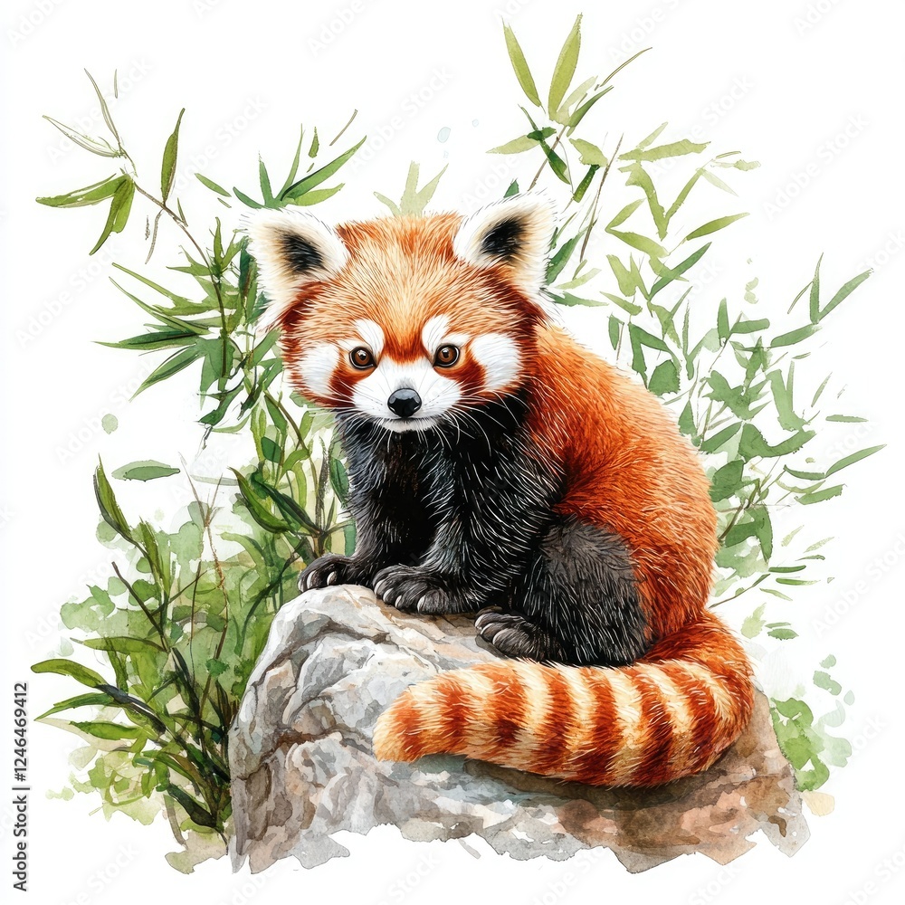 Fototapeta premium Adorable red panda sitting on a rock surrounded by fresh bamboo on a white background