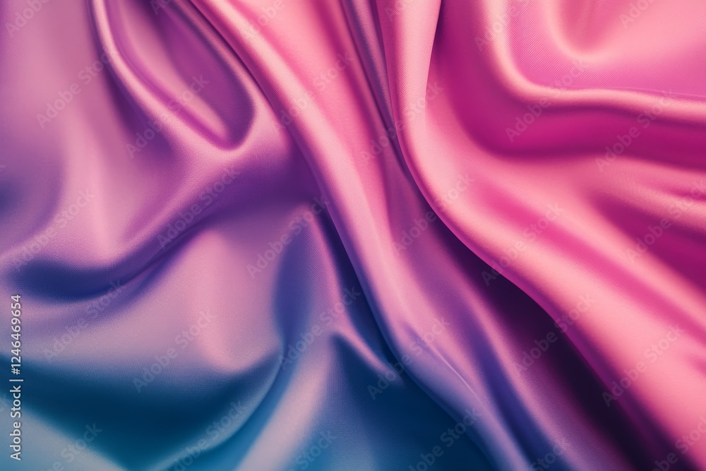 Obraz premium Close-up of a smooth, shiny purple and pink fabric draped over a surface, highlighting vibrant colors and reflections with a spacious area on the right