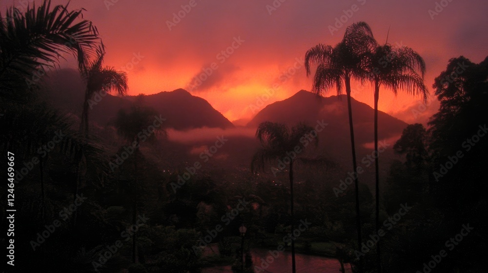 Tropical Sunset Silhouette Over Misty Mountains Tropical Sunset Silhouette Over Misty Mountains