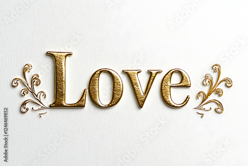 A luxurious love typography rendered in embossed gold lettering with delicate ornamental details on a bright background, evoking elegance, romance, and warmth.