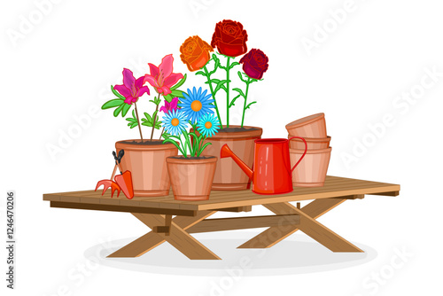 Gardening table with potted flowers, pots and watering can on white background. Floristic wooden table for greenhouse plants care. Concept of horticulture.Plants for backyard.Stock vector illustration