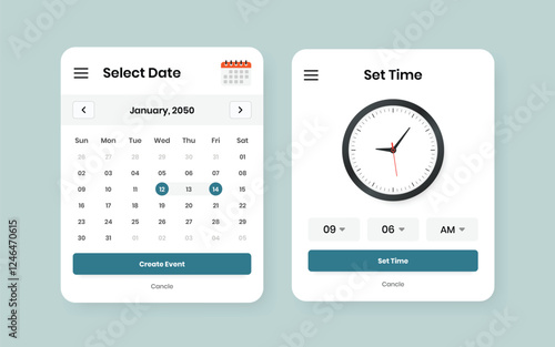 Modern Date and Time Selection UI Kit Design for Mobile and Web Applications