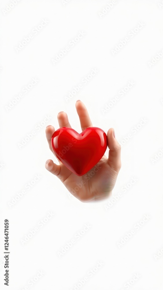 Fototapeta premium 3D hand holding a red heart symbol, representing love, care, and kindness. Suitable for health, charity, and support-related concepts. Isolated on white background.