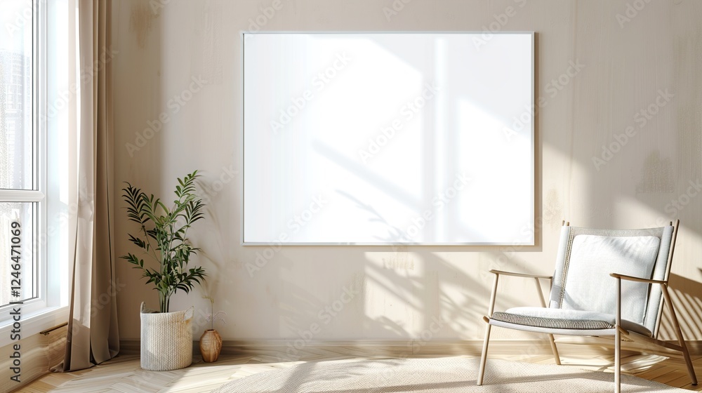 A clean white frame in a sunlit room with soft, neutral-toned furniture. HD 8K mockup wallpaper Photographic Image A clean white frame in a sunlit room with soft, neutral-toned furniture. HD 8K mockup wallpaper Photographic Image