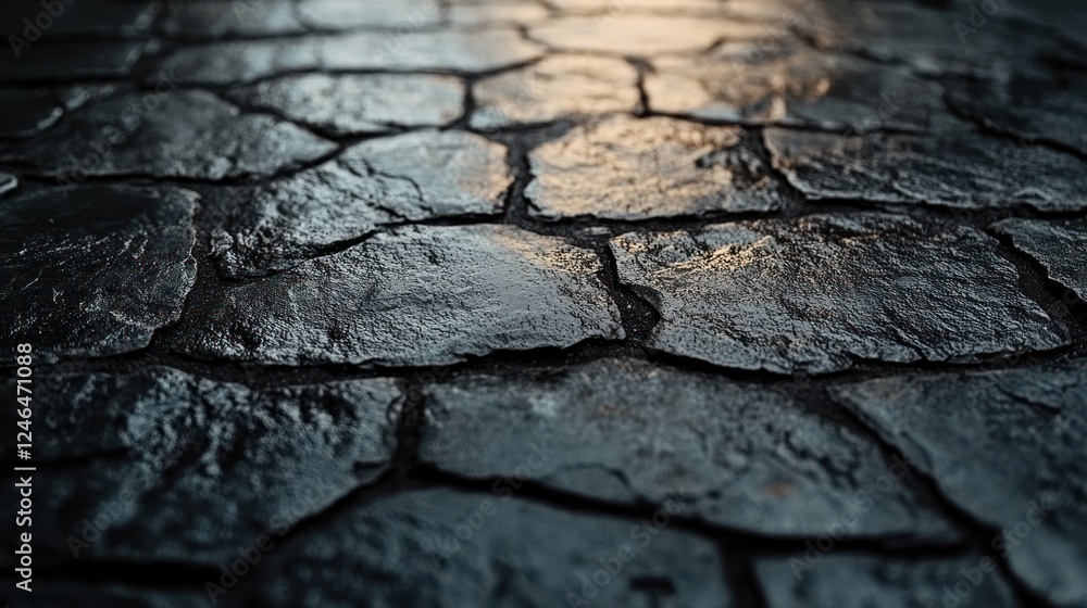 Fototapeta premium Wet cobblestone street, sunset glow, background blur, texture