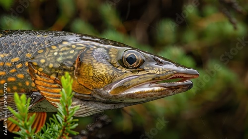 Close-up of a vibrant fish resting among lush green foliage in a serene natural environment
