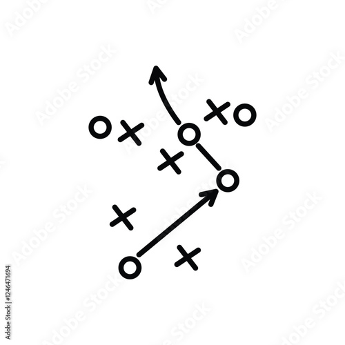 Sports tactics and strategy. Scheme of movement of team player. Combination of crosses and circles with path arrows. Pitch ball instructions.