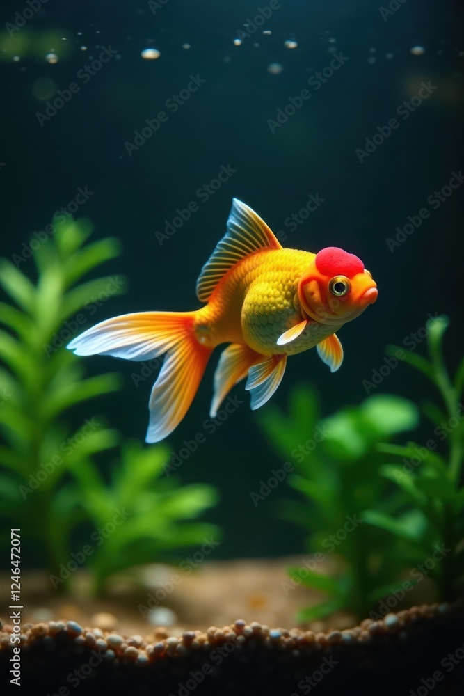 Single goldfish gracefully moves in planted aquarium, pet fish, fish Single goldfish gracefully moves in planted aquarium, pet fish, fish