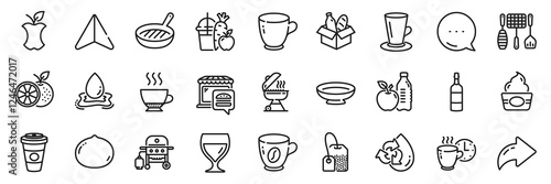 Grill tools, Food market and Gas grill line icons pack. Share, Message, Paper plane icons. Orange, Healthy food, Coffee web icon. Teacup, Recycle water, Takeaway coffee pictogram. Vector
