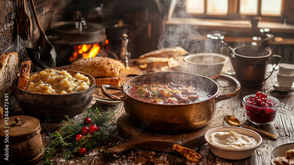 Rustic Czech Kitchen with Boiling Pot of Svkov Surrounded by Ingredients and Warmth Rustic Czech Kitchen with Boiling Pot of Svkov Surrounded by Ingredients and Warmth