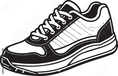 Sneakers shoe white and black color with outline. Sneaker side view flat design concept. Vector icon logo illustration
