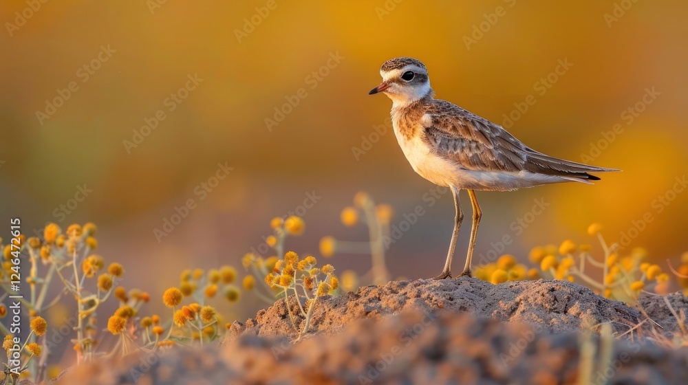 A solitary bird stands on a sandy mound surrounded by vibrant yellow flowers at sunset A solitary bird stands on a sandy mound surrounded by vibrant yellow flowers at sunset